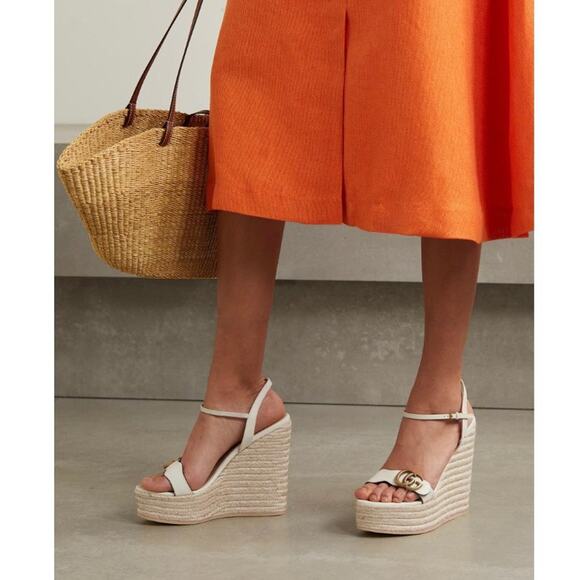 GUCCI Aitana Marmont gg logo leather platform espadrilles wedges sandals - Picture 2 of 4